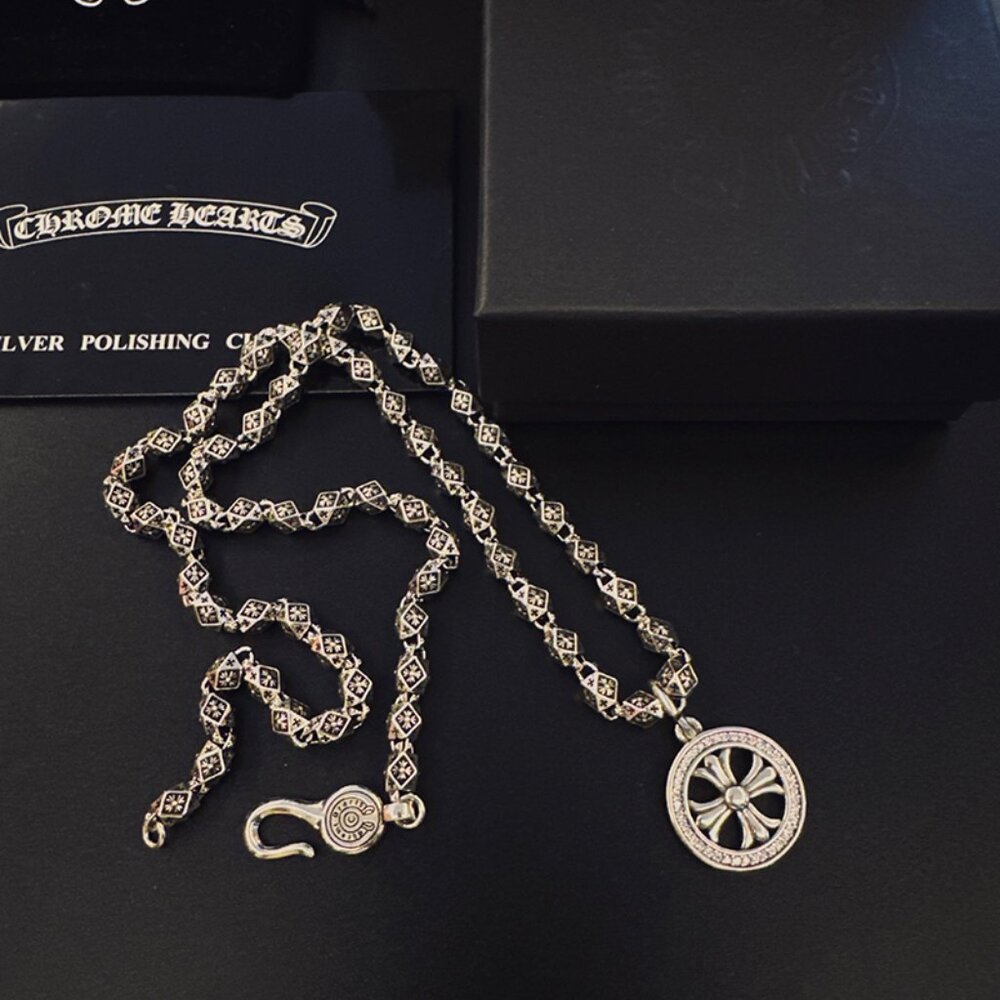 Chrome Hearts Sterling Silver Cross Motif Circle Pendant Necklace